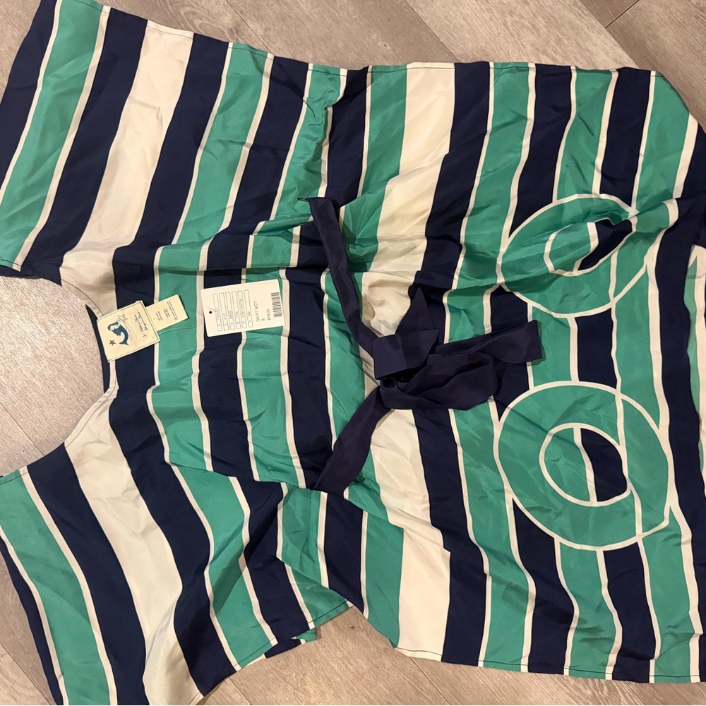 Anthropologie Striped Green Navy White Tunic with Tie Waist